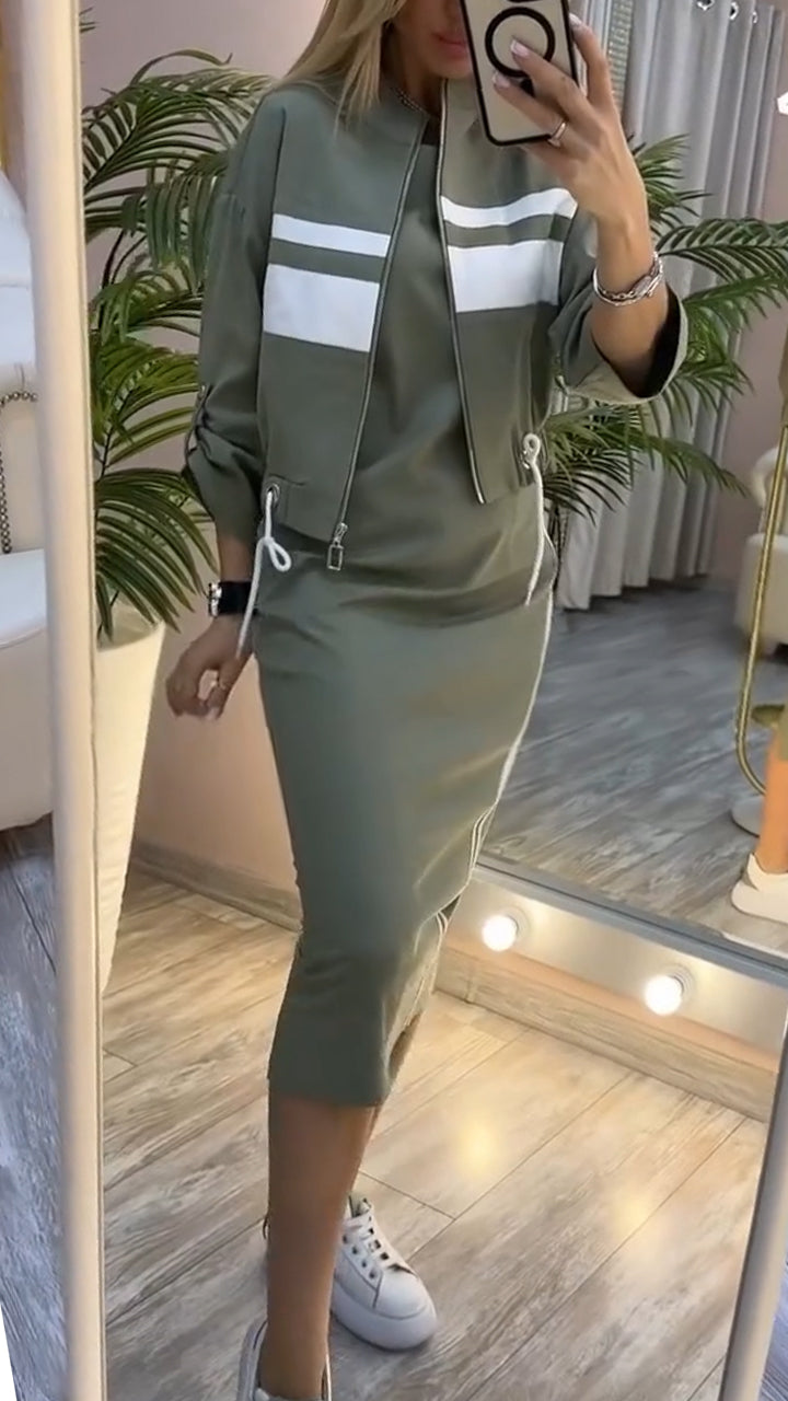 Pravella™ - Ensemble femme casual-chic avec robe midi à col rond et veste zippée
