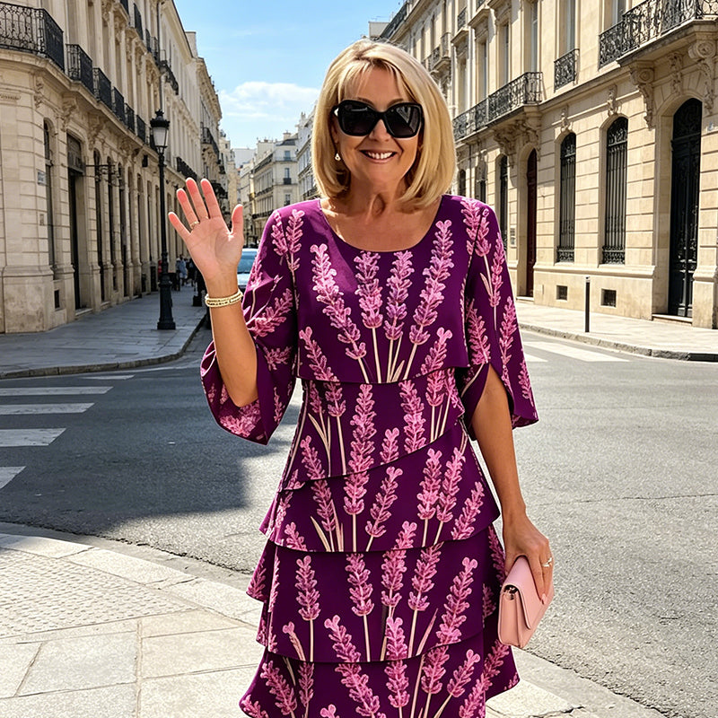 Elyvane™ - Robe femme mi-longue à volants imprimé floral manches fendues
