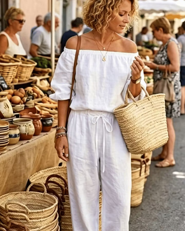 Brixavelle - Combinaison femme à épaules dénudées avec taille nouée en coton