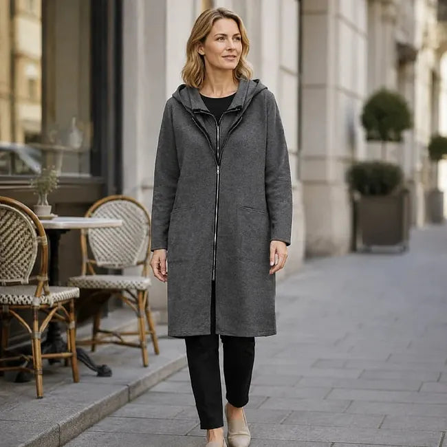 Éléane - Manteau mi-long femme à capuche et fermeture éclair
