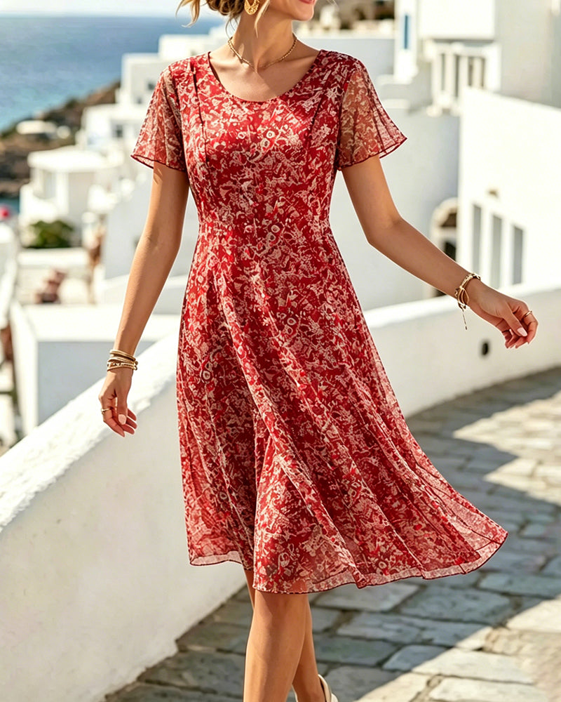 Rovena - Robe à fleurs pour femmes avec manches courtes et coupe A