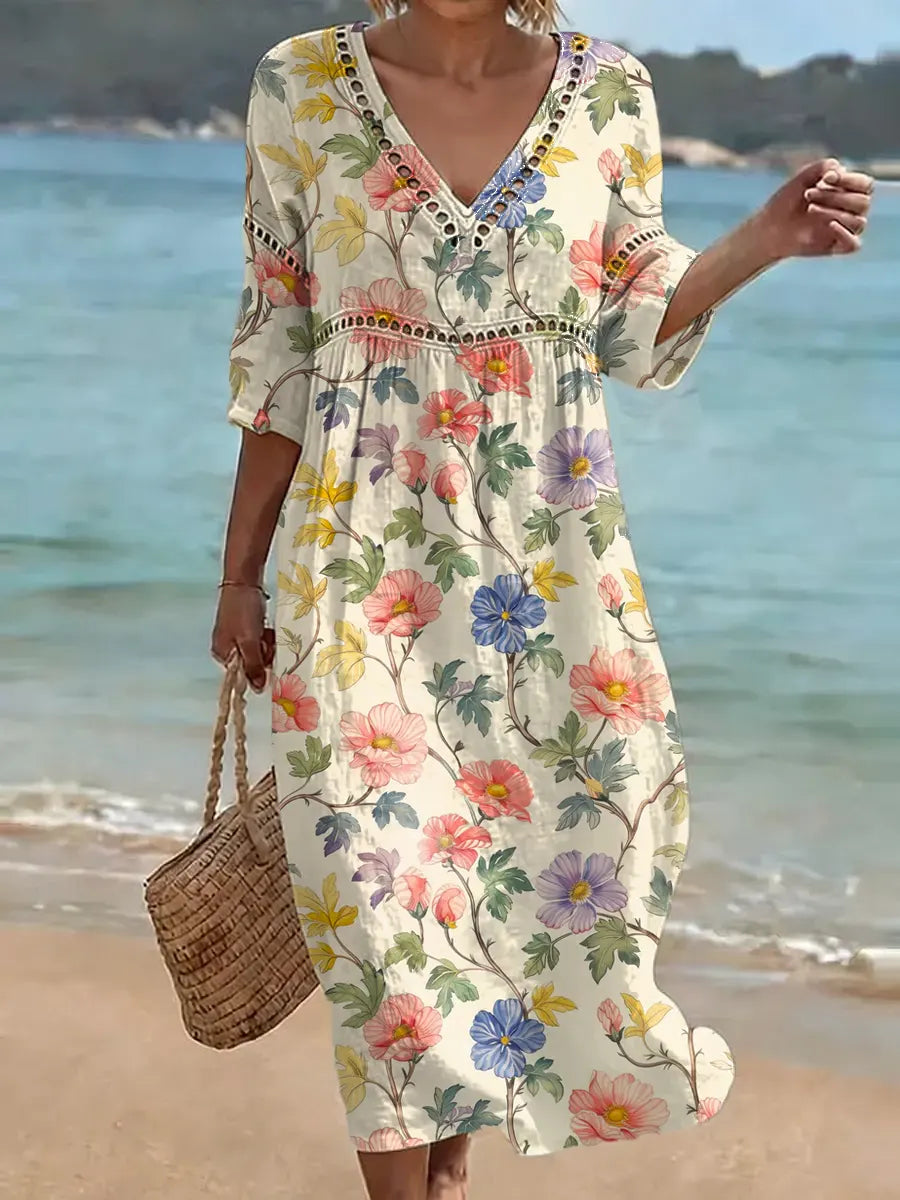 Althea - Robe midi femme coton-lin à imprimé floral