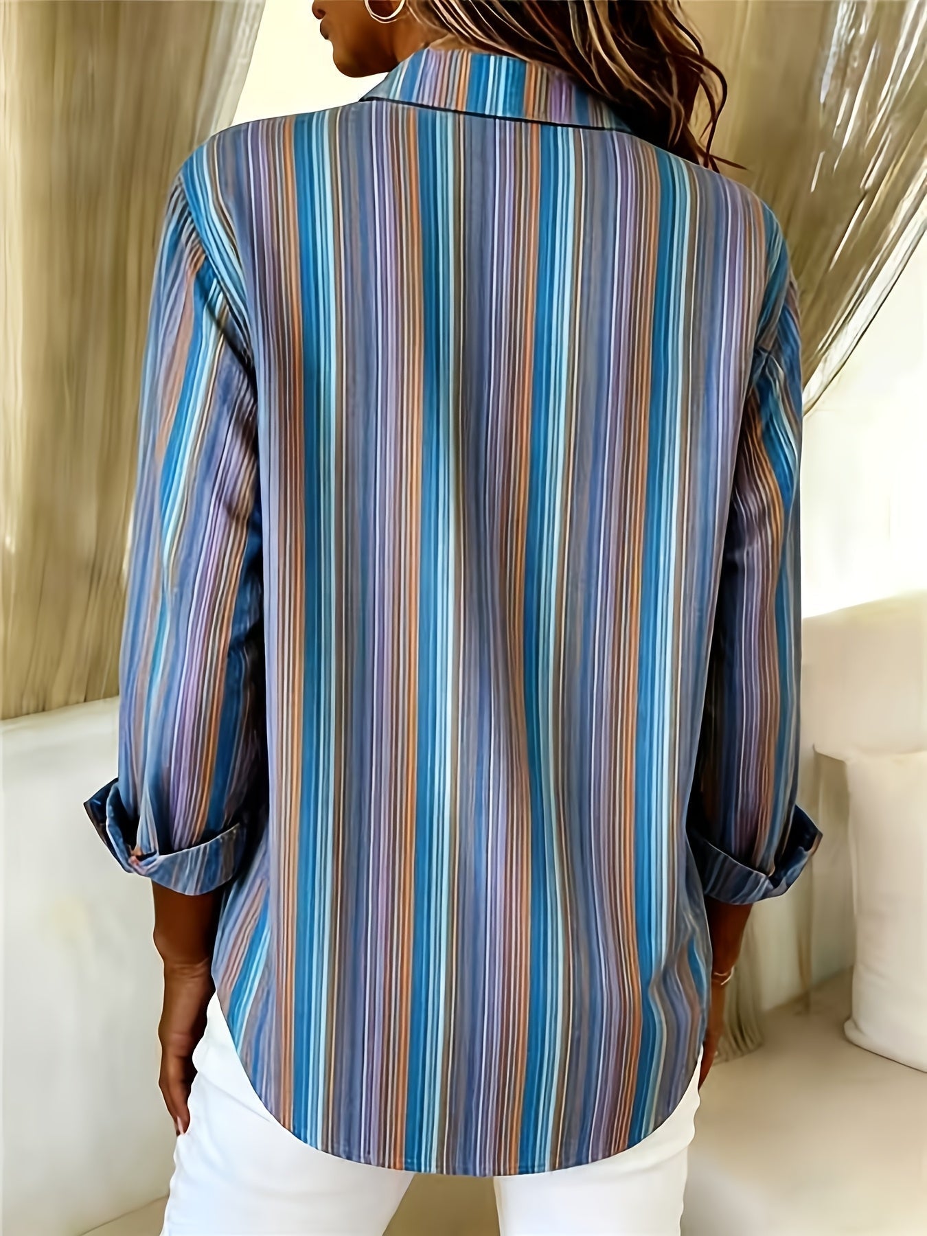 Qirexa™ - Chemise Femme Rayures Verticales Coupe Ample Boutonnée Style Décontracté
