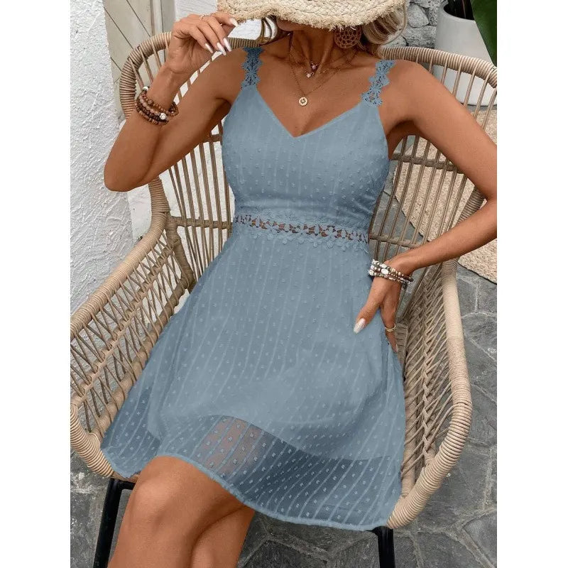 Lysa - Robe mini blanche femme à pois plumetis avec bretelles en dentelle
