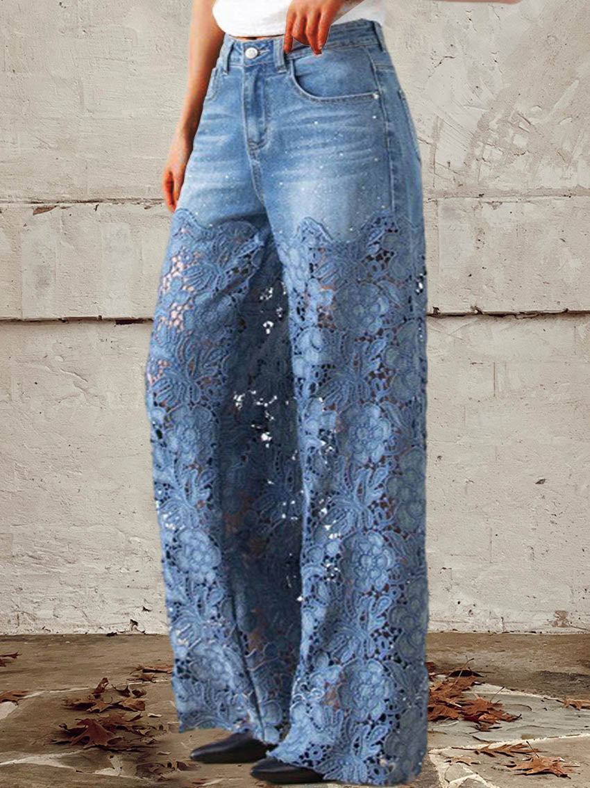 Lisandra™ - Jean taille moyenne en dentelle patchwork