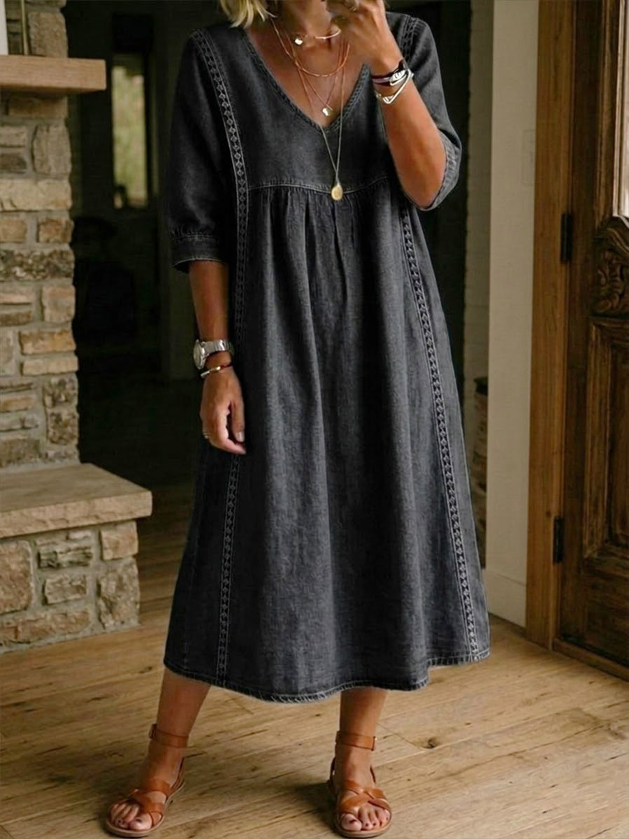 Fyntra™ - Robe femme denim fluide col V dentelle style décontracté élégant