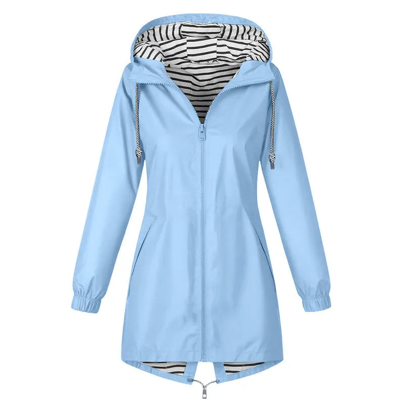 Yolaine - Imperméable femme long à capuche avec doublure rayée