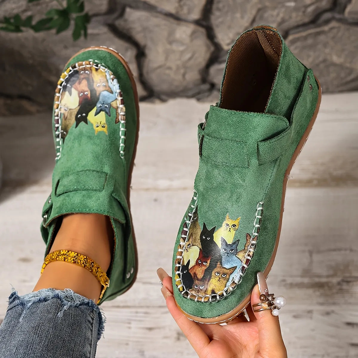 Annefleur - Mocassins femme imprimé chat à enfiler