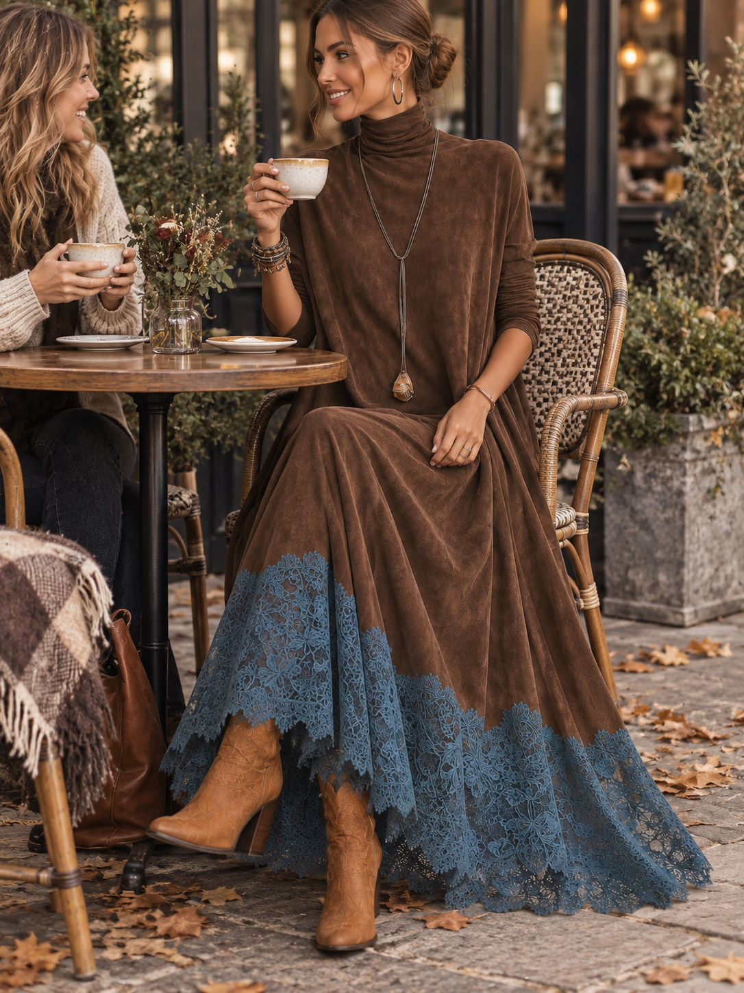 Gonneke - Robe femme longue effet suédé avec dentelle