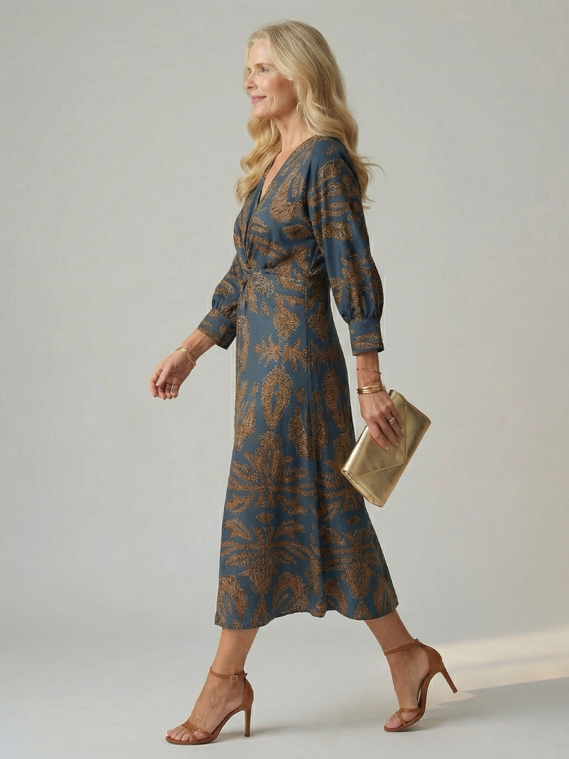 Falune™ - Robe femme midi croisée imprimée taille cintrée élégante