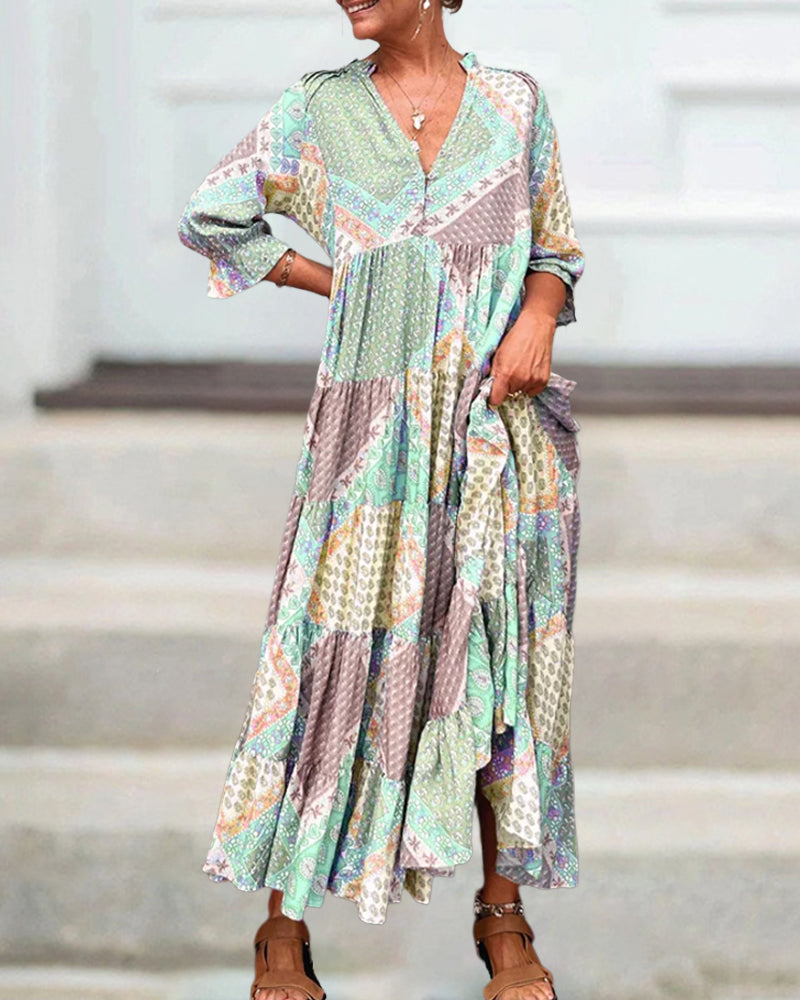 Quinna™ - Robe maxi colorée à imprimé color block et manches 3/4