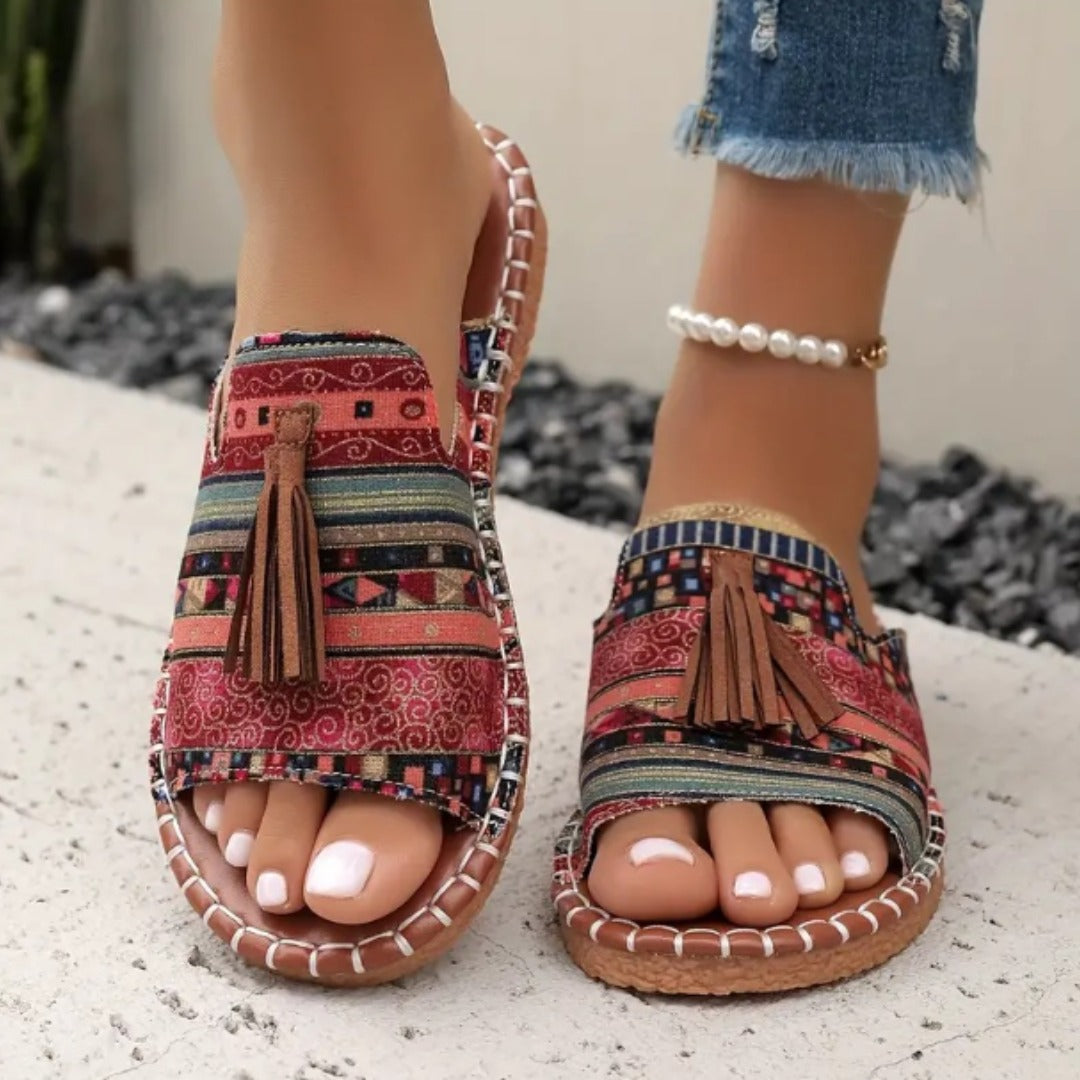 Erythia™ - Sandales femme plates tissu ethnique franges semelle confort