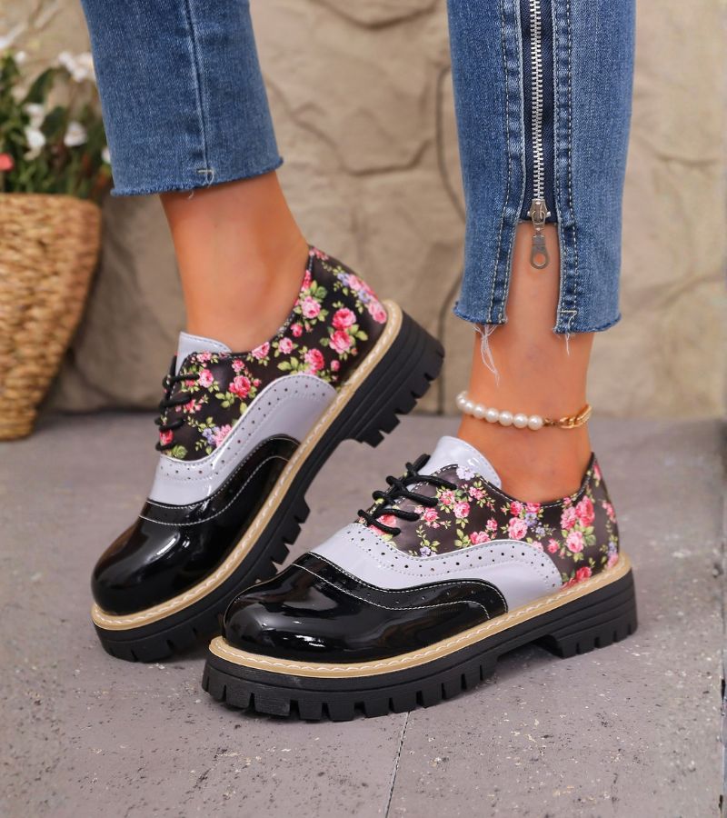 Maan - Chaussures Oxford Femme à Lacets avec Motif Floral et Semelle Épaisse