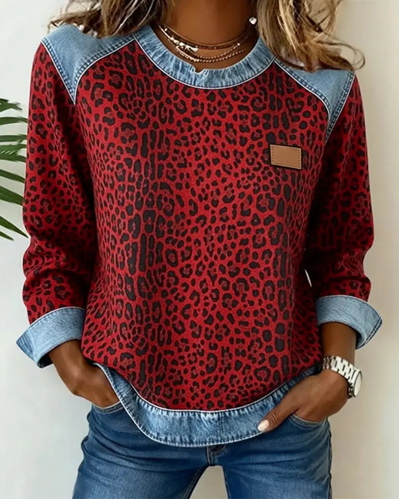 Averelisse - Pull Patchwork Léopard en Jean au Style Décontracté
