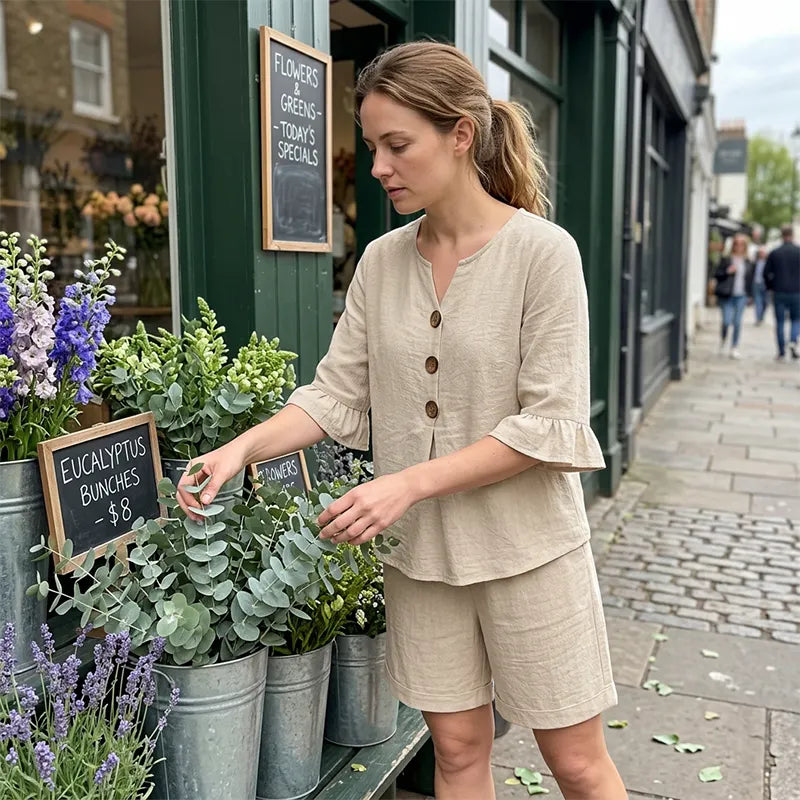Telora - Ensemble femme en coton avec haut boutonné et short