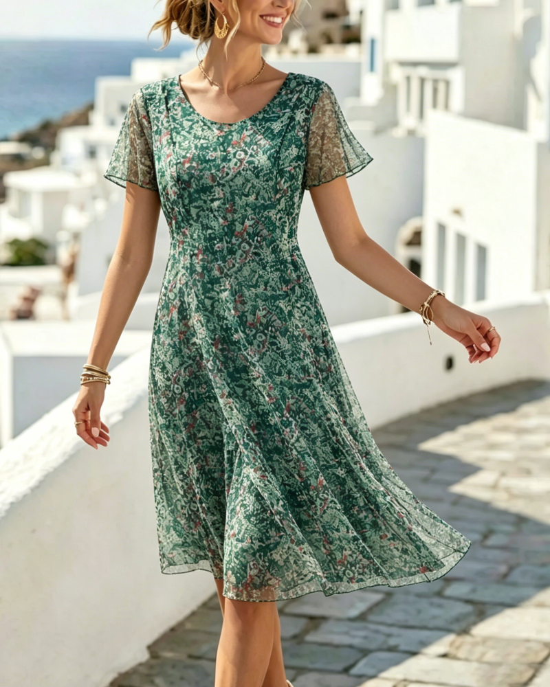 Rovena - Robe à fleurs pour femmes avec manches courtes et coupe A