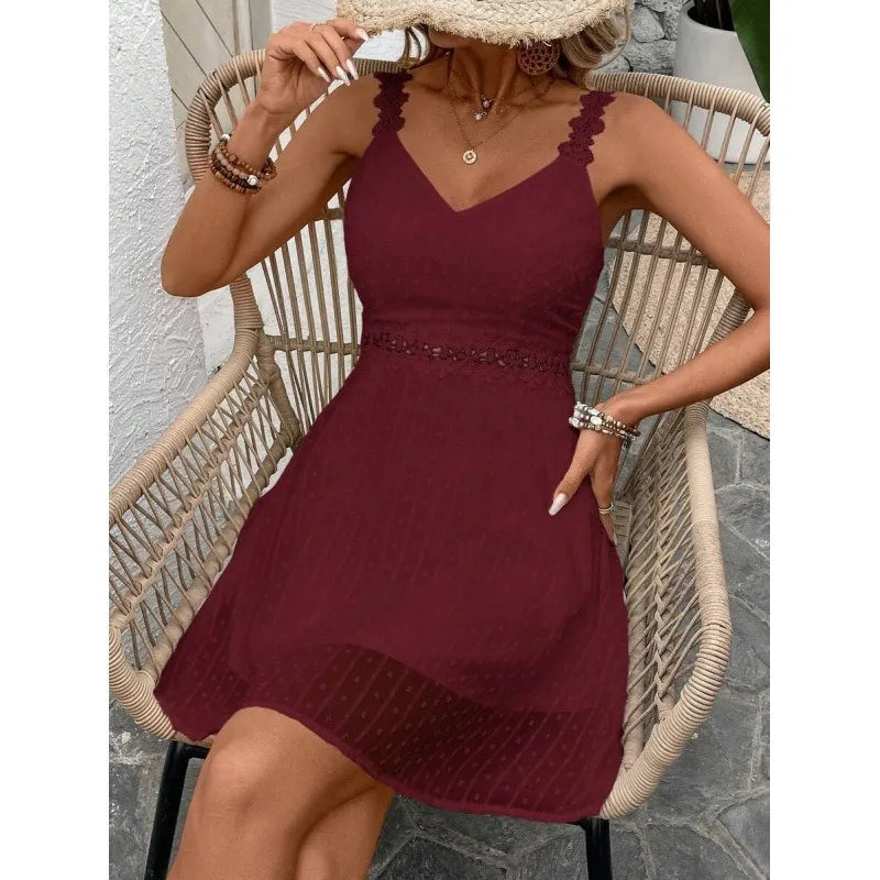Lysa - Robe mini blanche femme à pois plumetis avec bretelles en dentelle