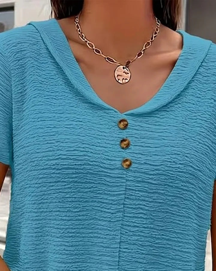 Syzelle™ - T-shirt femme col rond texturé manches courtes boutons décoratifs élégant