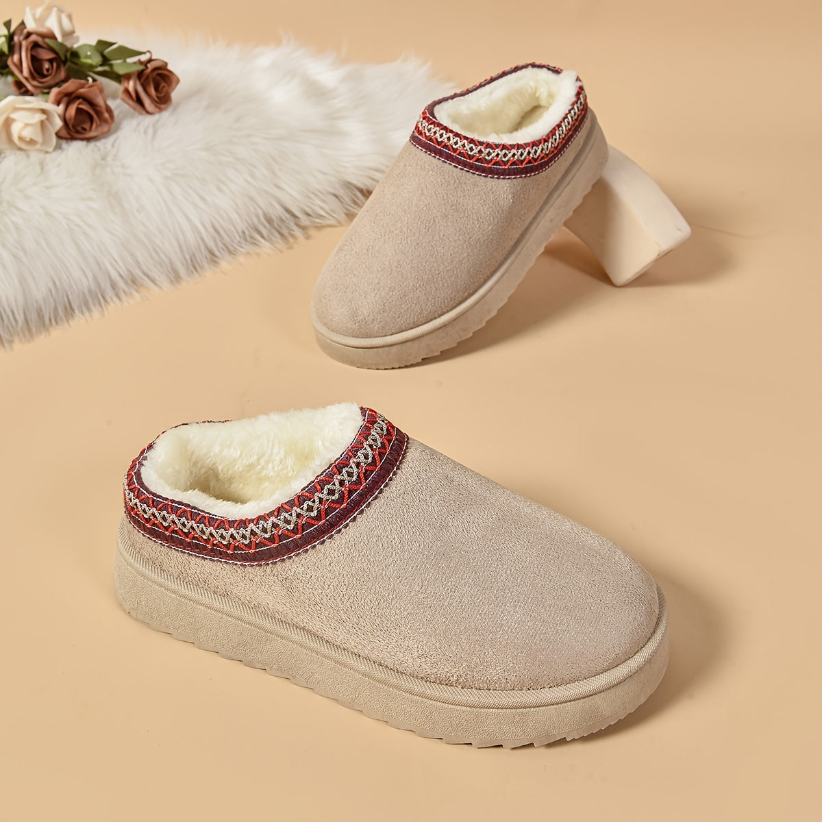 Ethnic-Inspired Slip-On Boots - Warm, Comfortable, Stylish, Faux Fur Lined, Low Heel, Black and Brown