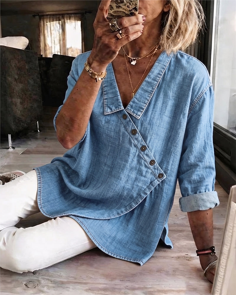 Mélusine - Blouse femme ample effet denim à boutons diagonaux