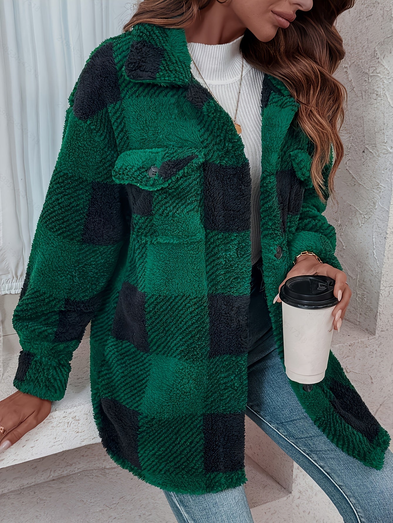 Doreline™ - Veste d’Hiver en Peluche à Imprimé Carreaux