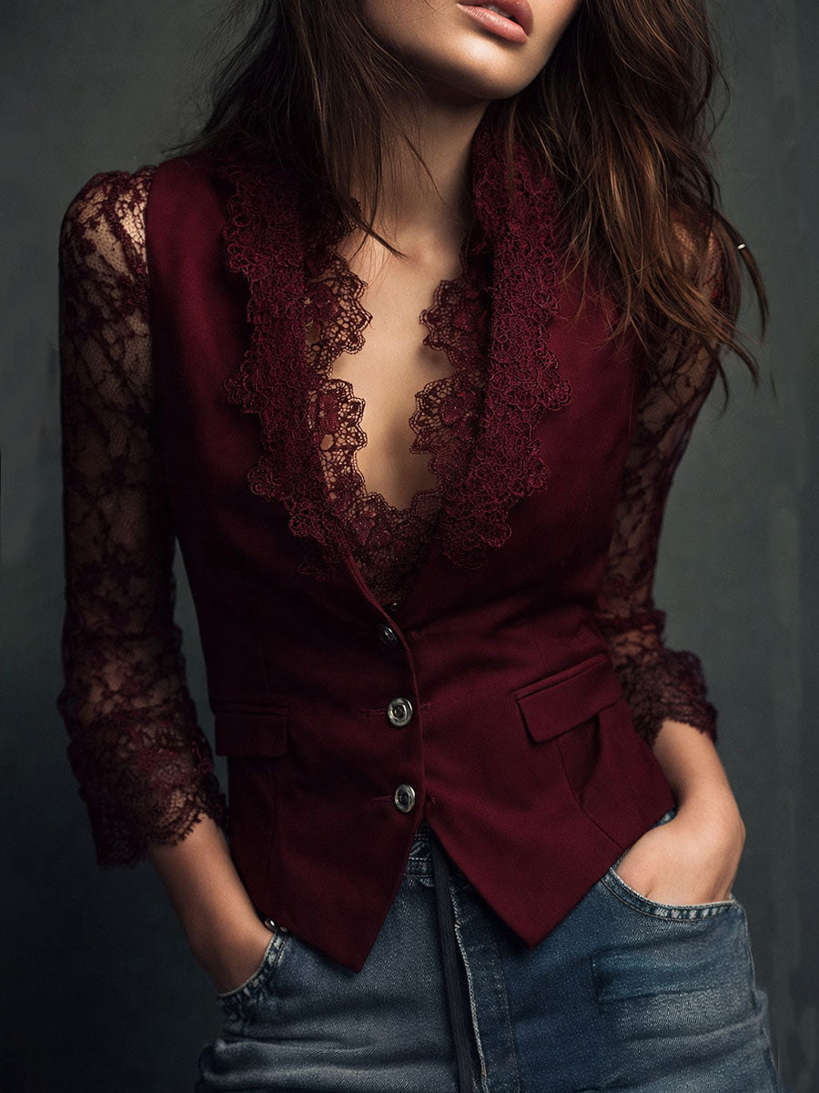 Bruxelle™ - Blouse Femme Élégante en Dentelle à Manches Transparentes