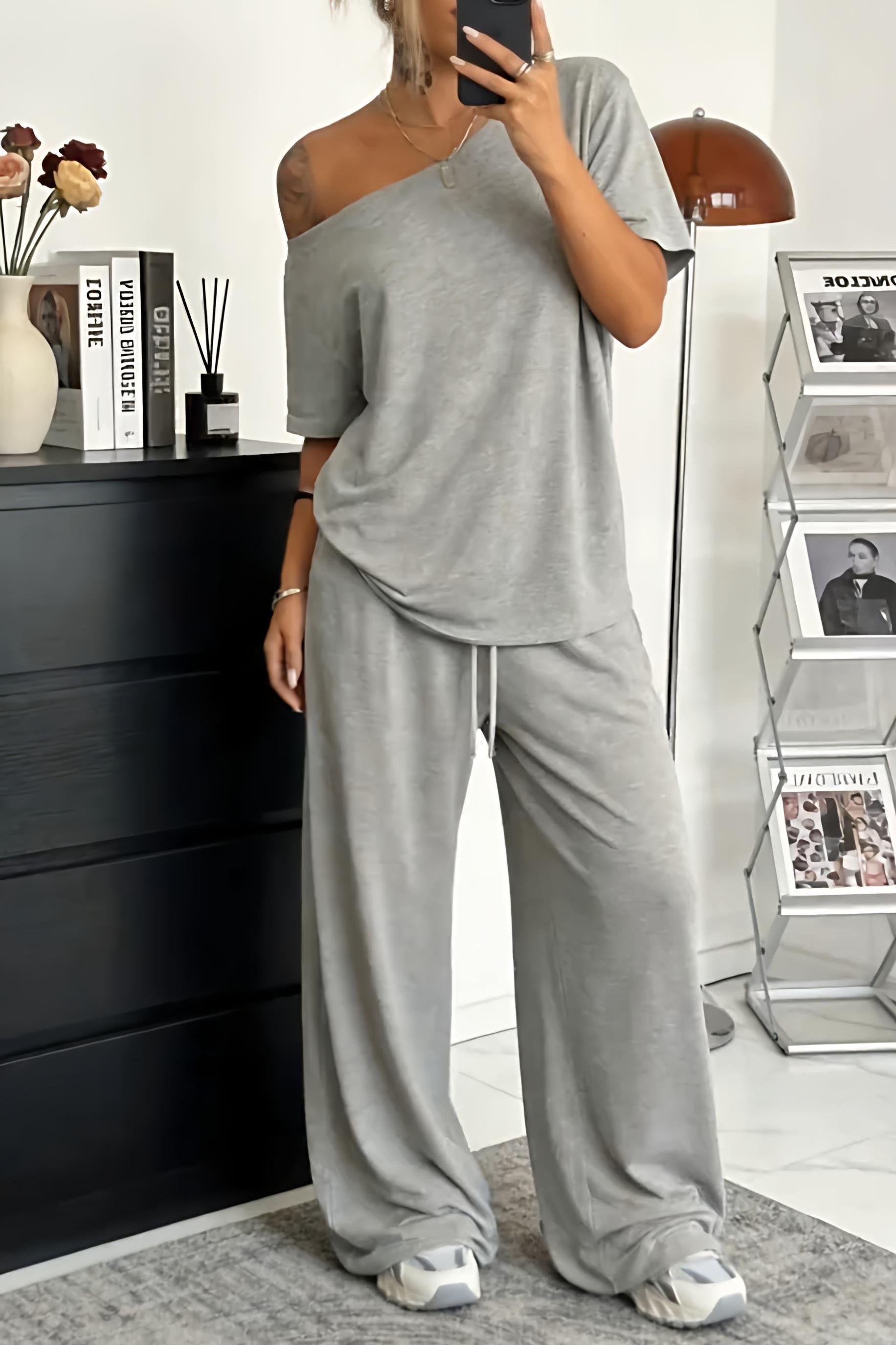 Evarisse™ - Ensemble femme deux pièces épaules dénudées confort décontracté