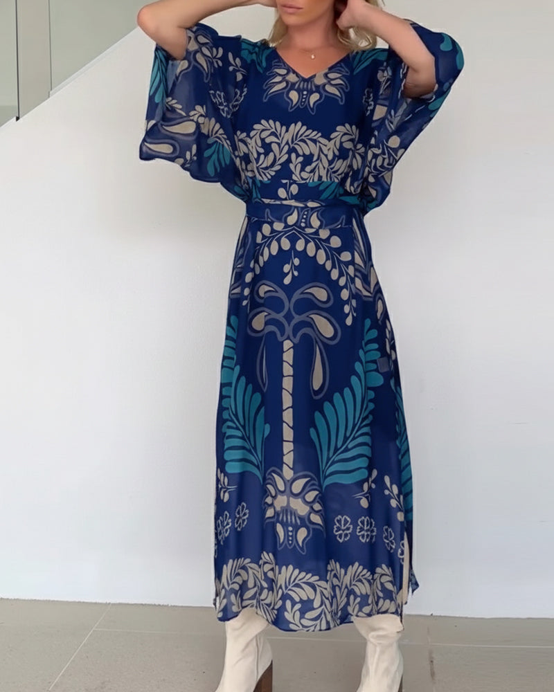 Praxellea™ - Robe bohème femme maxi ample col V imprimé feuilles élégant