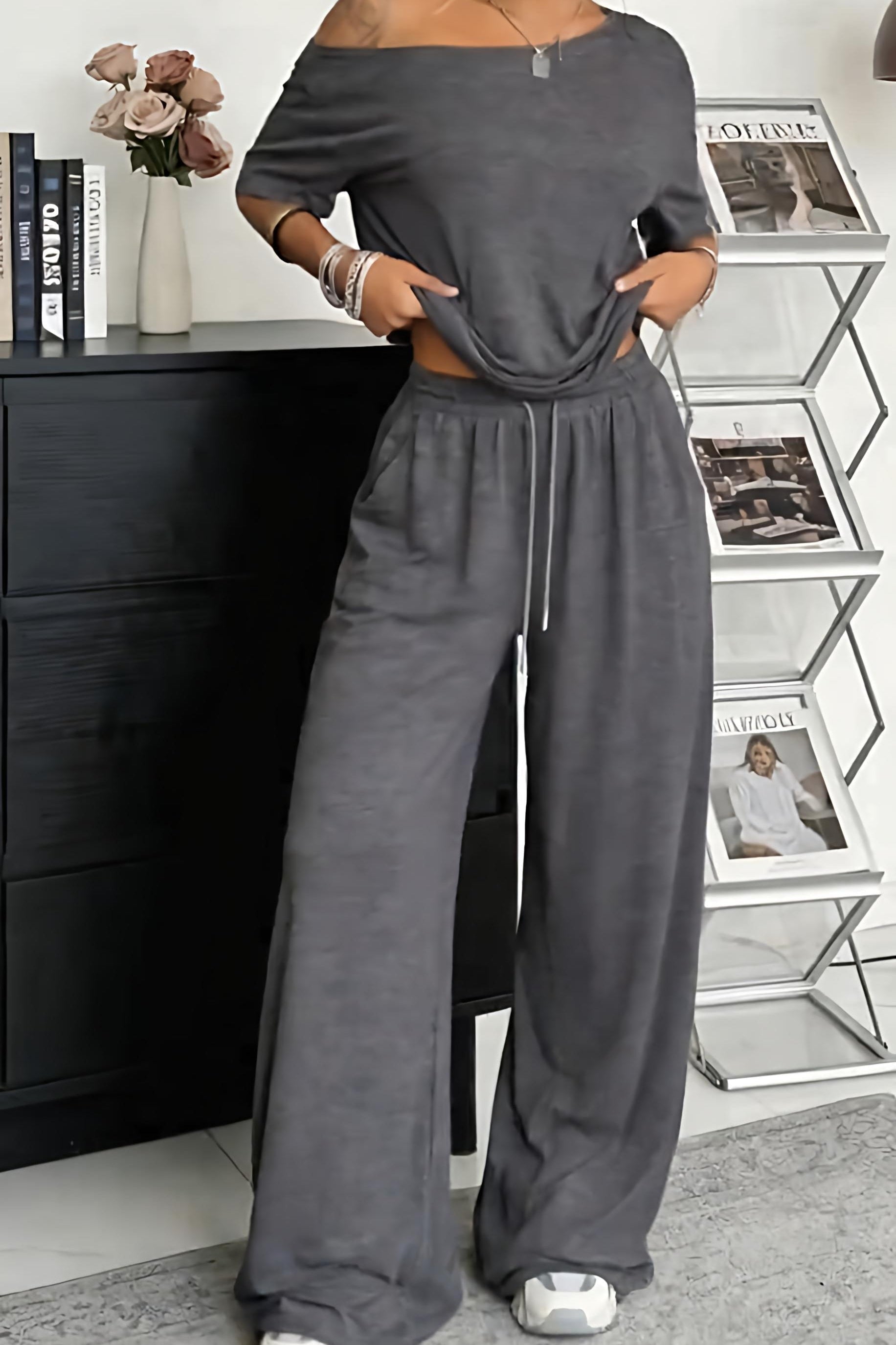 Evarisse™ - Ensemble femme deux pièces épaules dénudées confort décontracté