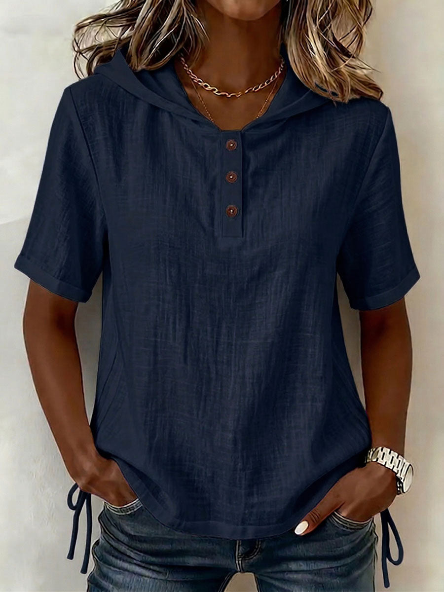 Aevrixa™ - Top femme à capuche fluide manches courtes boutons col ouvert style casual