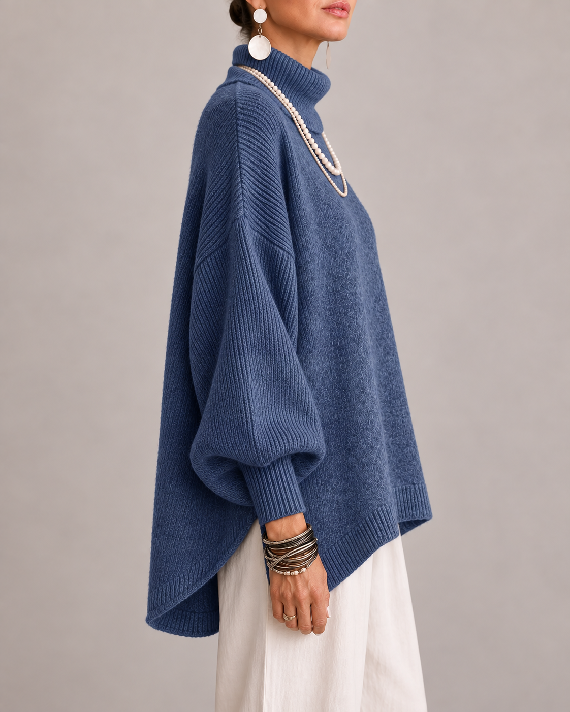 Olympe - Pull col roulé femme oversize à manches côtelées