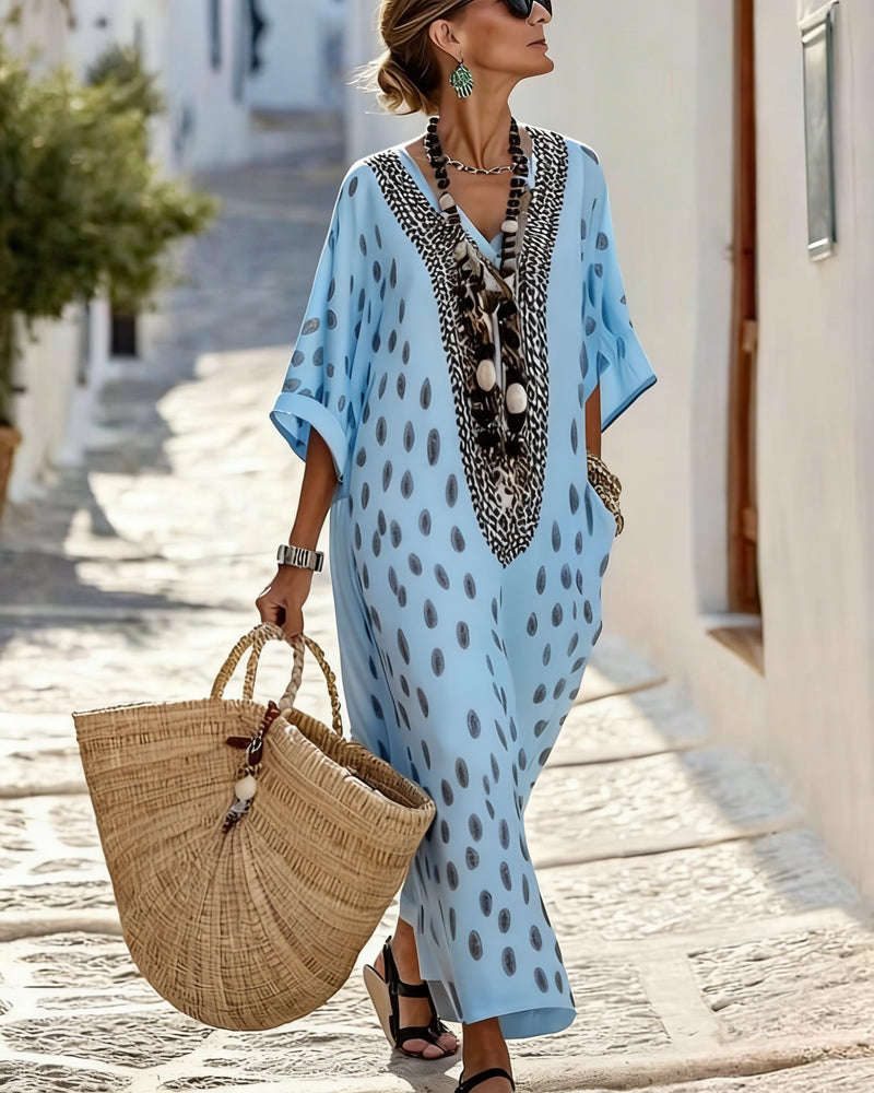 Hynovia™ - Robe femme maxi kaftan imprimé pois col V bordure ethnique