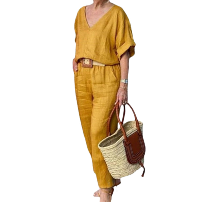 Loxaria™ - Ensemble femme haut col V pantalon poches style décontracté