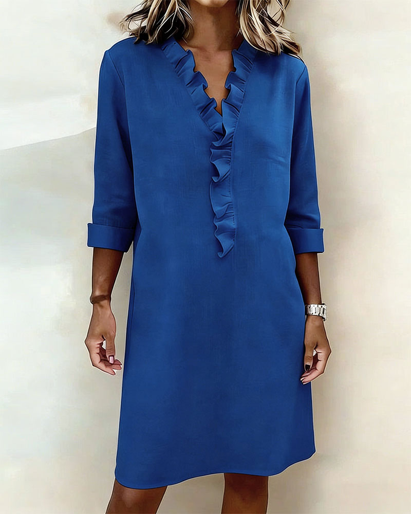 Ophivyn™ - Robe femme col V à volants coupe droite style décontracté