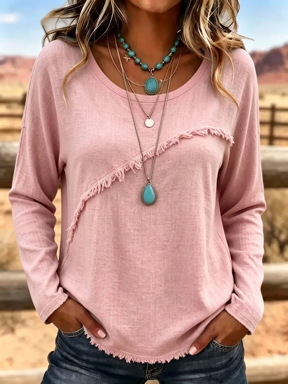 Elsemieke - Blouse femme vintage à col rond avec franges