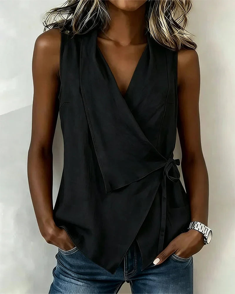 Sylethra™ - Top femme cache-cœur asymétrique sans manches été léger