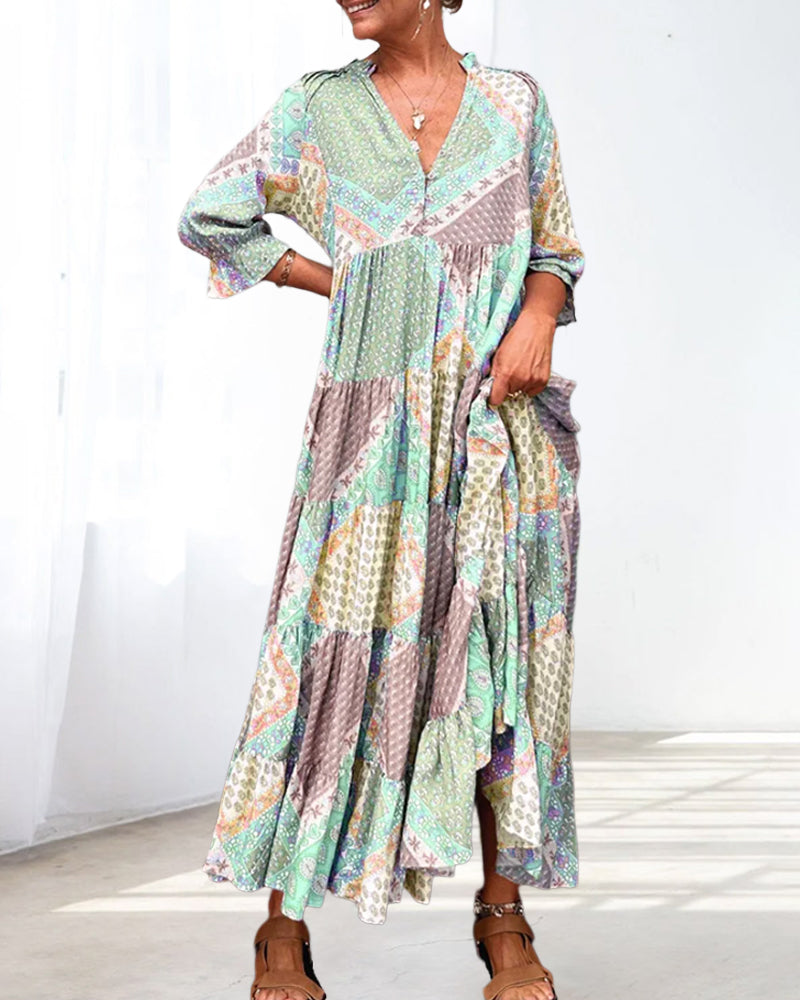 Quinna™ - Robe maxi colorée à imprimé color block et manches 3/4