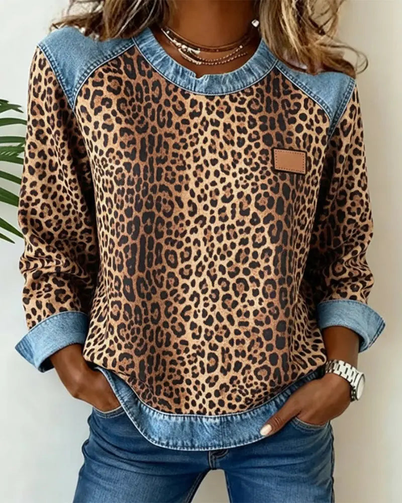 Averelisse - Pull Patchwork Léopard en Jean au Style Décontracté