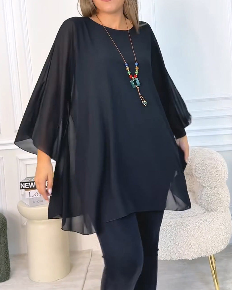 Ingeborg - Haut Ample Uni à Col Rond et Manches 3/4 pour Femme