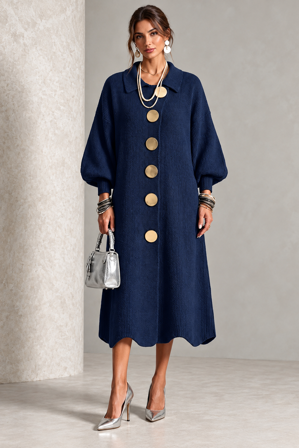 Bregt - Robe midi femme en tricot avec boutons dorés