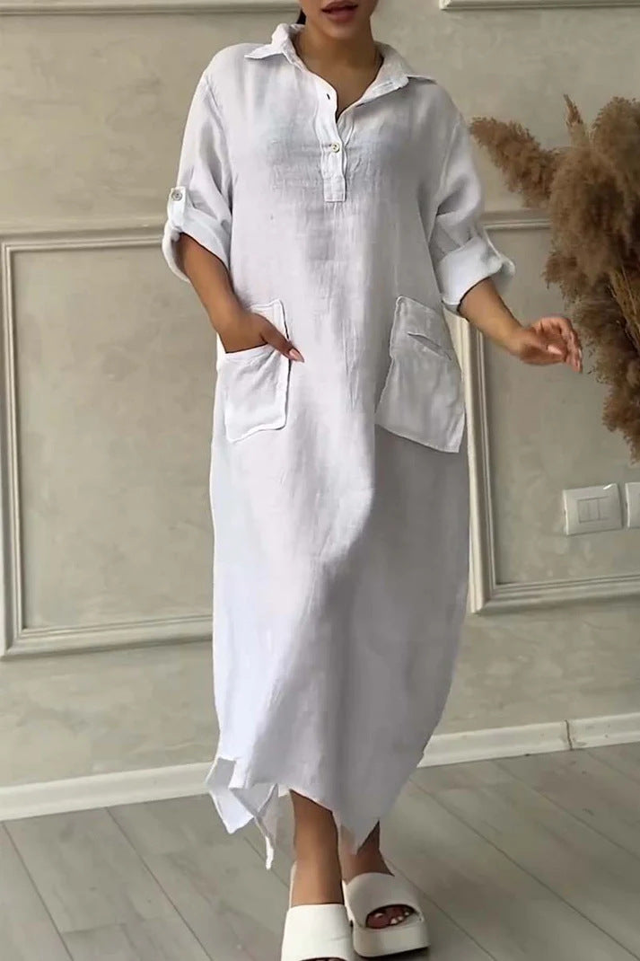 Leontine™ - Robe maxi femme en lin et coton avec revers