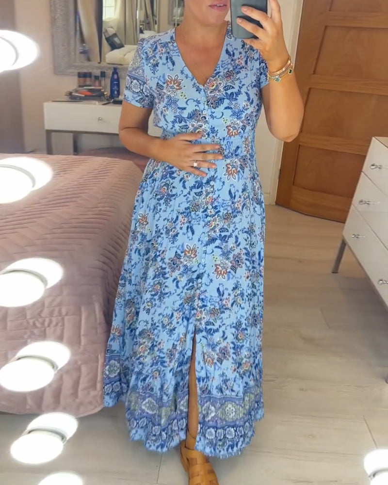 Denise™ - Robe Maxi à Imprimé Floral et Décolleté en V
