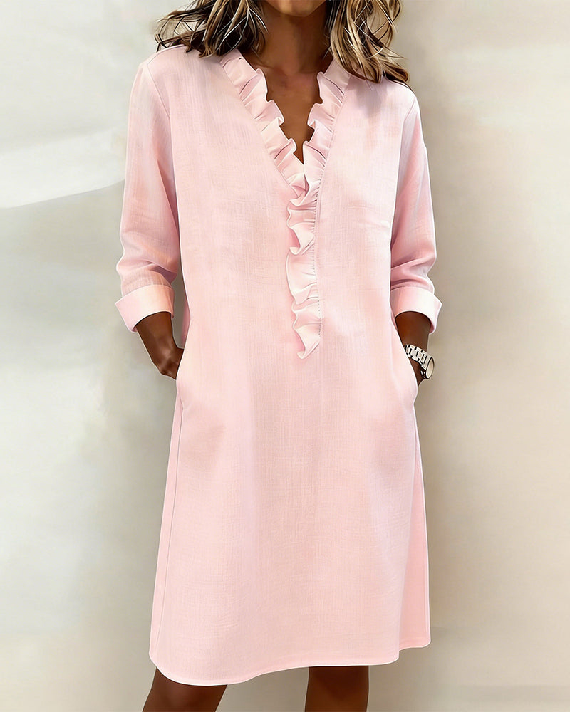 Ophivyn™ - Robe femme col V à volants coupe droite style décontracté