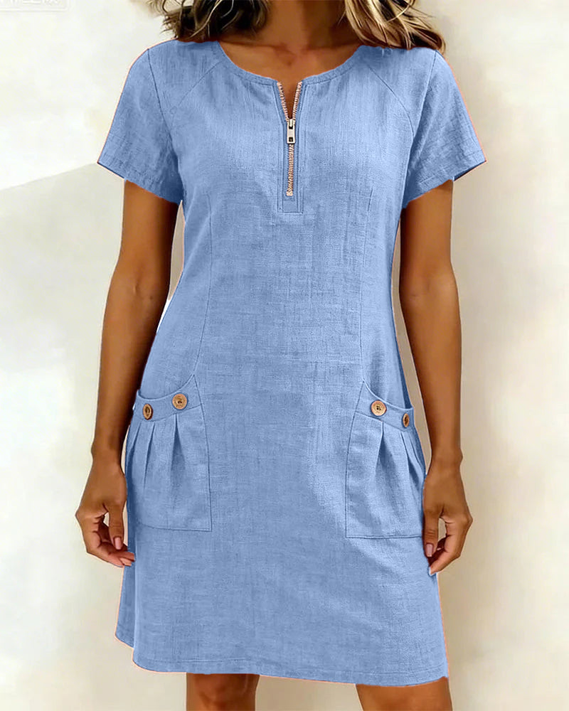 Kovira™ - Robe Courte Coton Lin avec Fermeture Éclair et Poches