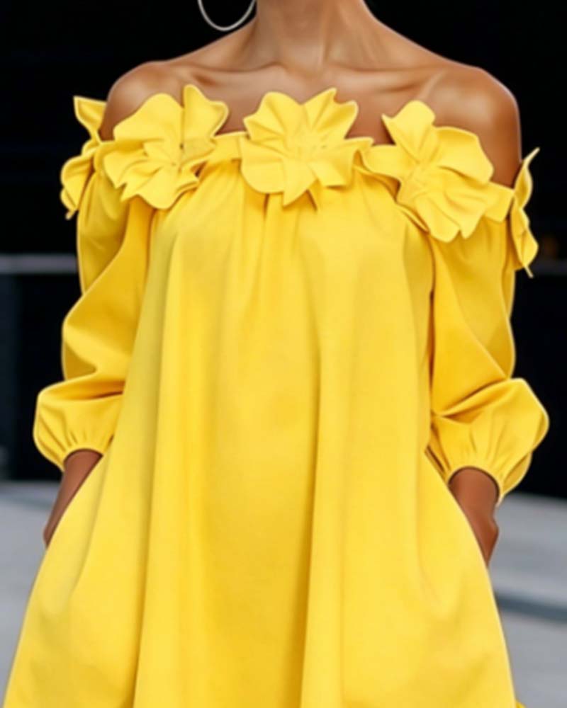Valentine - Robe femme épaules dénudées blanche à fleurs 3D élégante