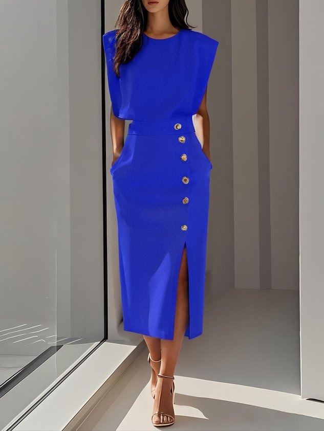 Floralia™ - Robe midi unie avec fente à boutons et décolleté rond