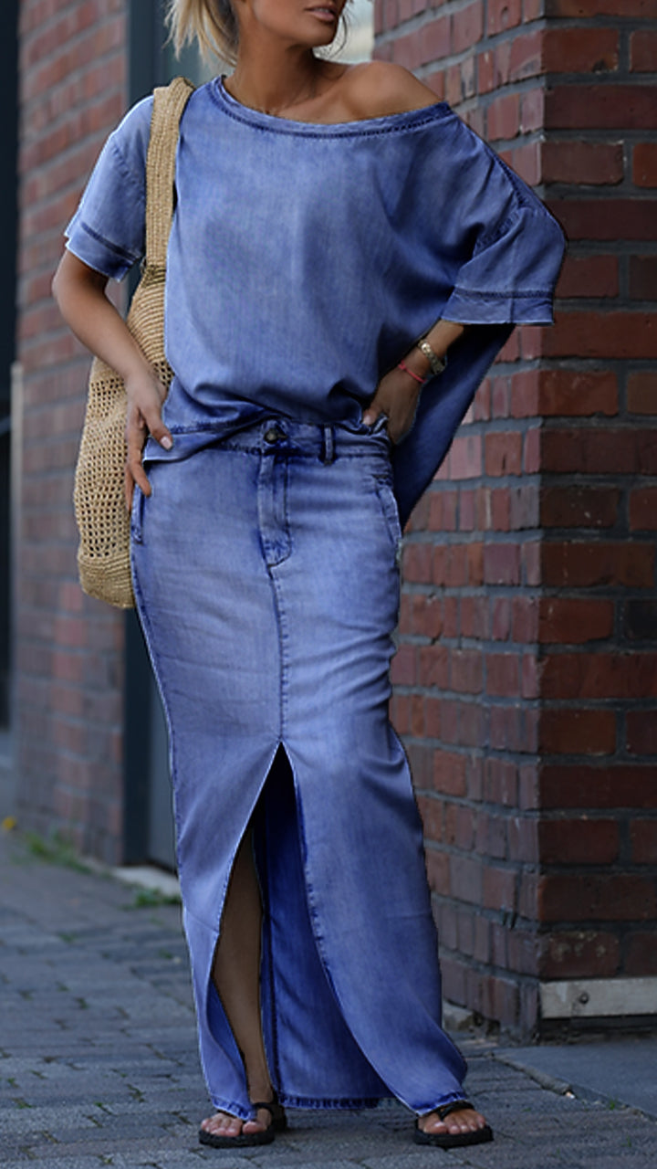 Mireya™ - Ensemble Décontracté Femme en Denim Tencel avec Décolleté Rond