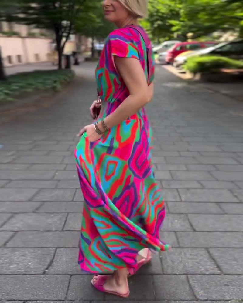 Roxana™ - Robe longue à imprimé coloré avec décolleté en V et manches raglan
