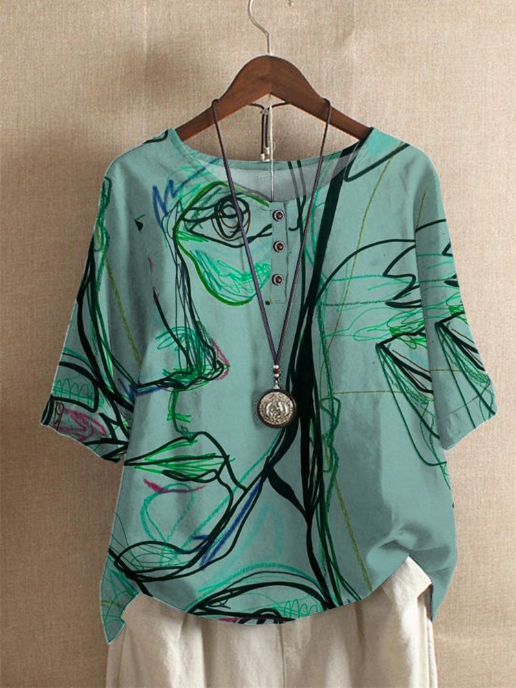 Averitha™ - T-shirt femme artistique imprimé à manches 3/4 et col rond