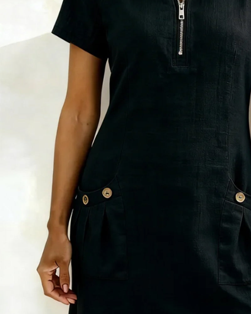 Kovira™ - Robe Courte Coton Lin avec Fermeture Éclair et Poches